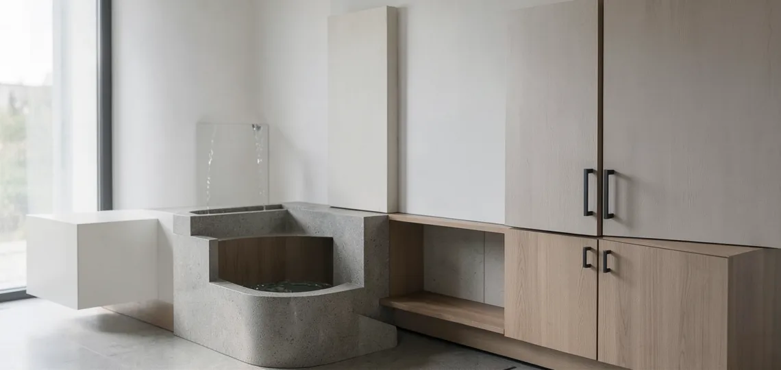 Illustration : Intégration fontaine à eau et distributeur : mobilier combiné sur mesure