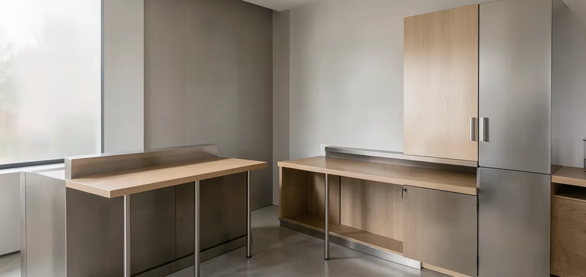 Illustration : Coffee corner professionnel : aménagement sur mesure en acier, inox ou bois