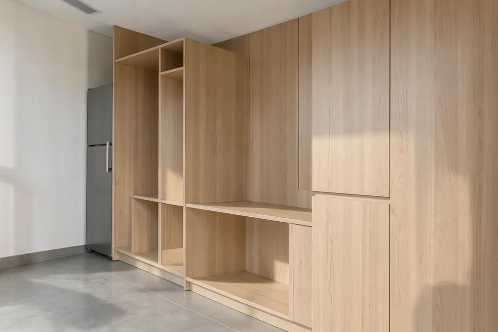 Illustration : Habillage distributeur automatique en bois : esthétique et intégration naturelle